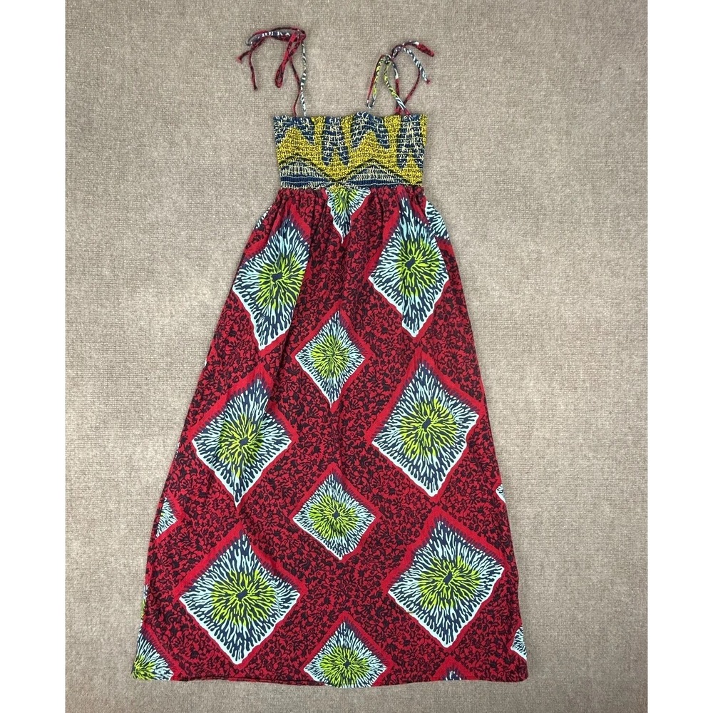 Fresh Karma Tank Dress Women's L Multicolor African Print Boho Smocked Tie Strap